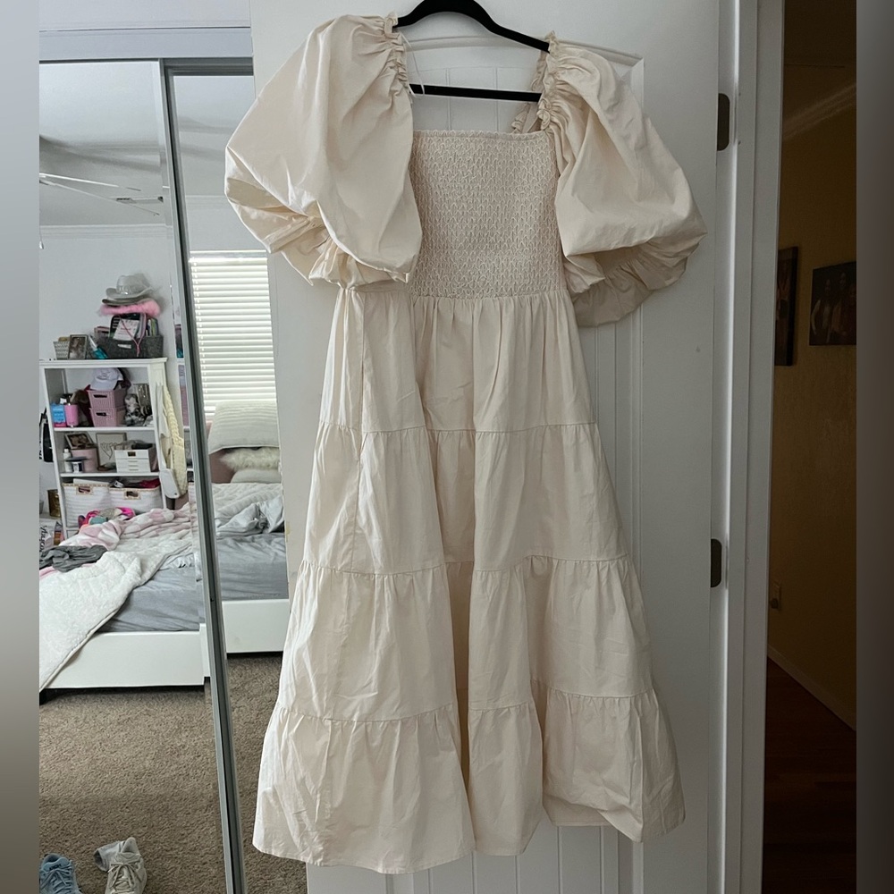 cream colored midi dress
